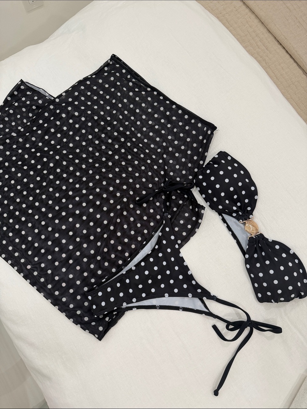 SHEIN Black & White Polka Dot Bandeau Bikini with Sheer Cover-Up